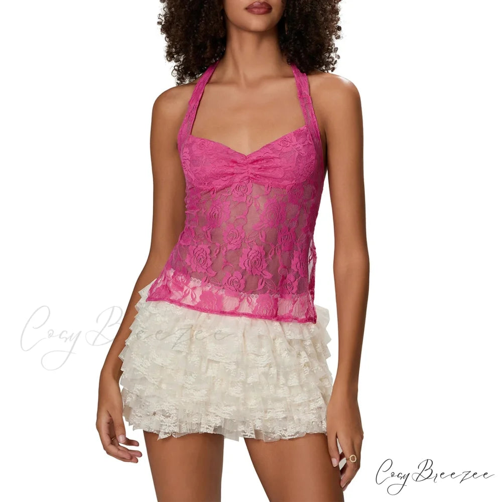 Lace Halter Tie-Up Crop Top rose1 / S croptop-250223