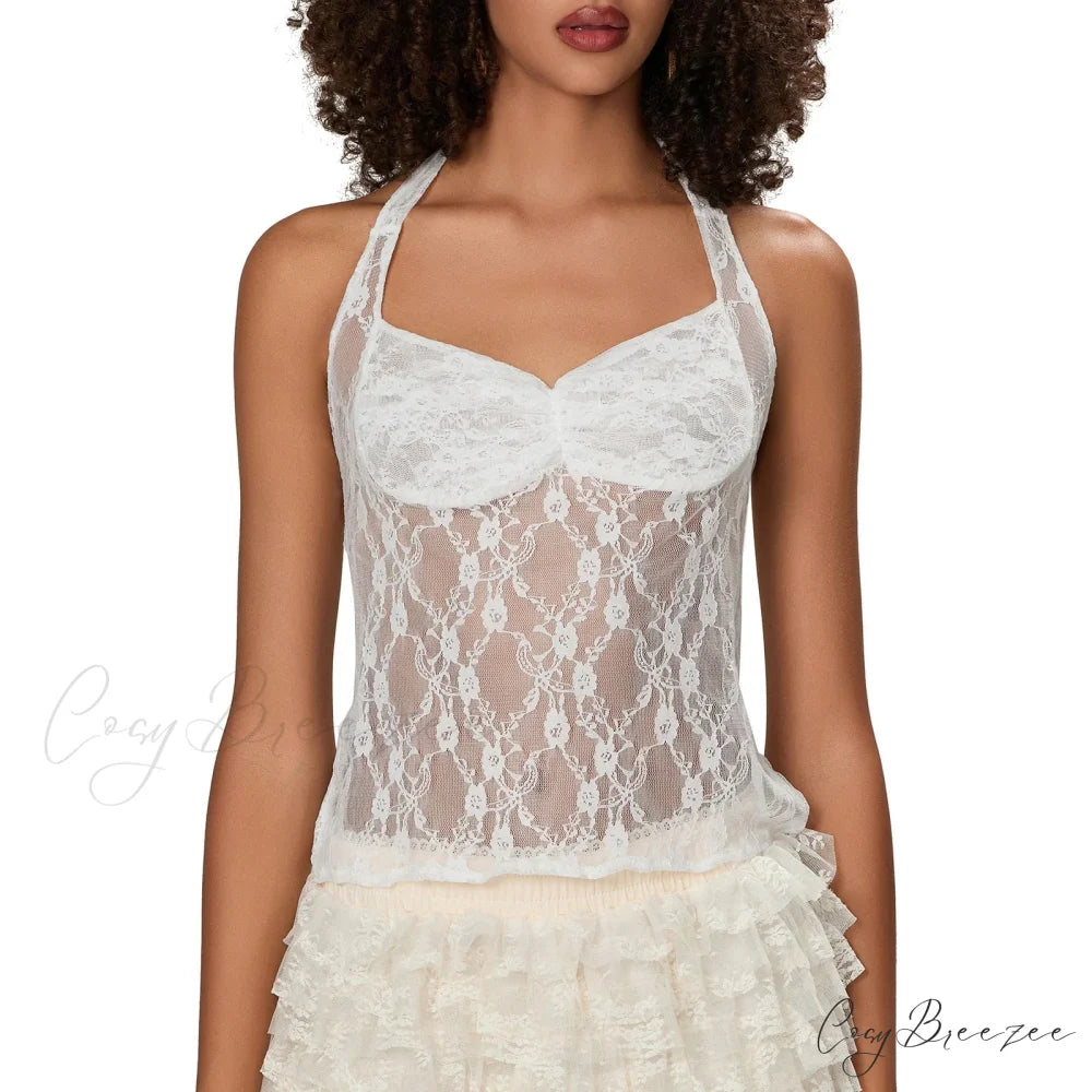Lace Halter Tie-Up Crop Top white / S croptop-250223