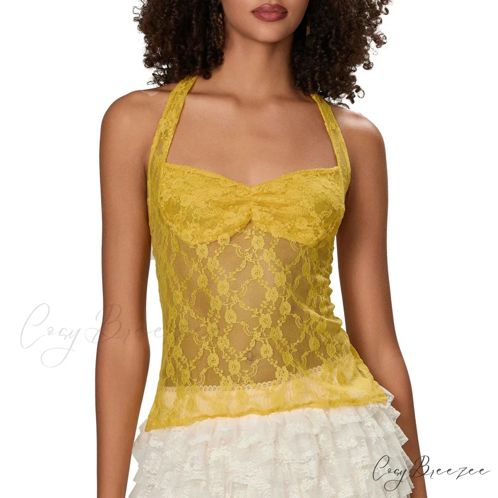 Lace Halter Tie-Up Crop Top yellow / S croptop-250223