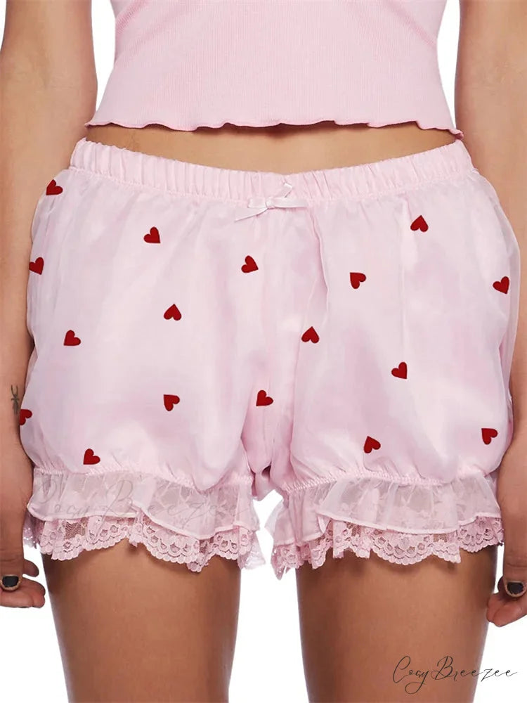 Lace Heart Bow Bloomer Shorts pink / S short-250223