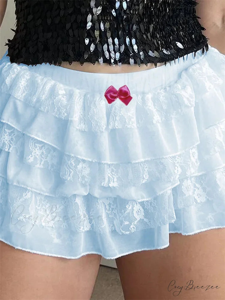 Lace Layered Bow Bloomer Shorts blue / S short-250223
