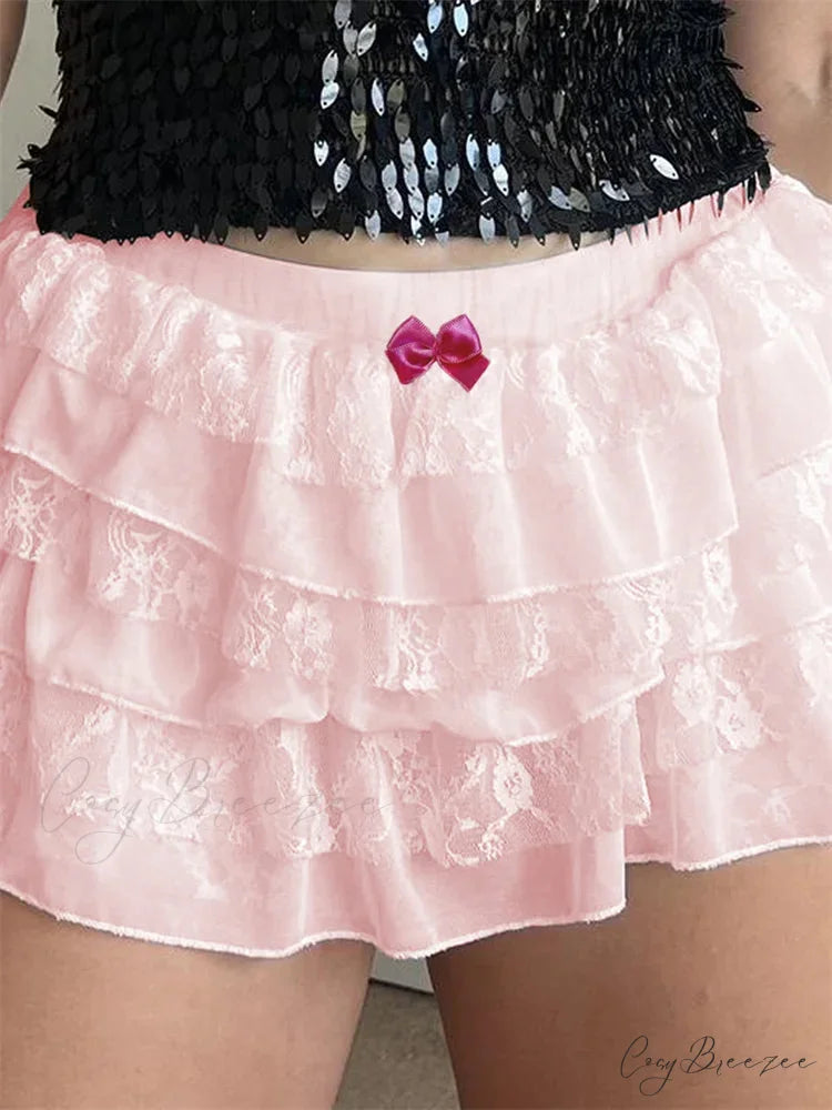 Lace Layered Bow Bloomer Shorts pink / S short-250223