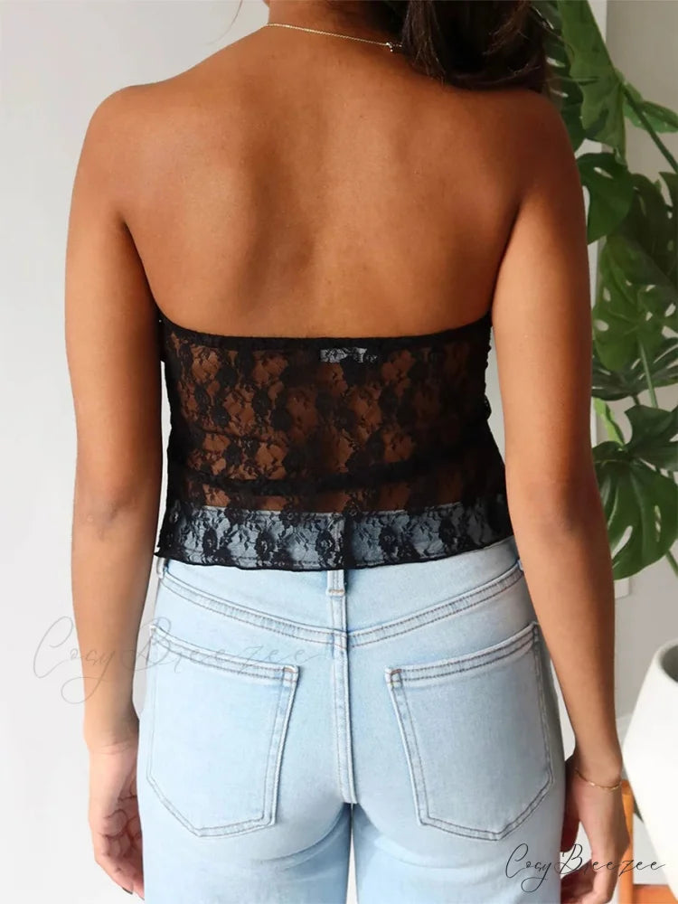 Lace Off-Shoulder Sleeveless Backless See-Through Stylish Elegant Chic Crop Top