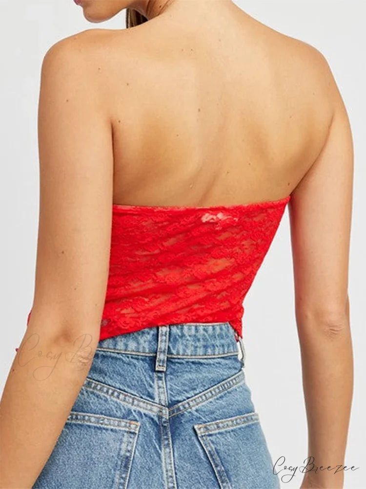 Lace Off-Shoulder Sleeveless Backless See-Through Stylish Elegant Chic Crop Top