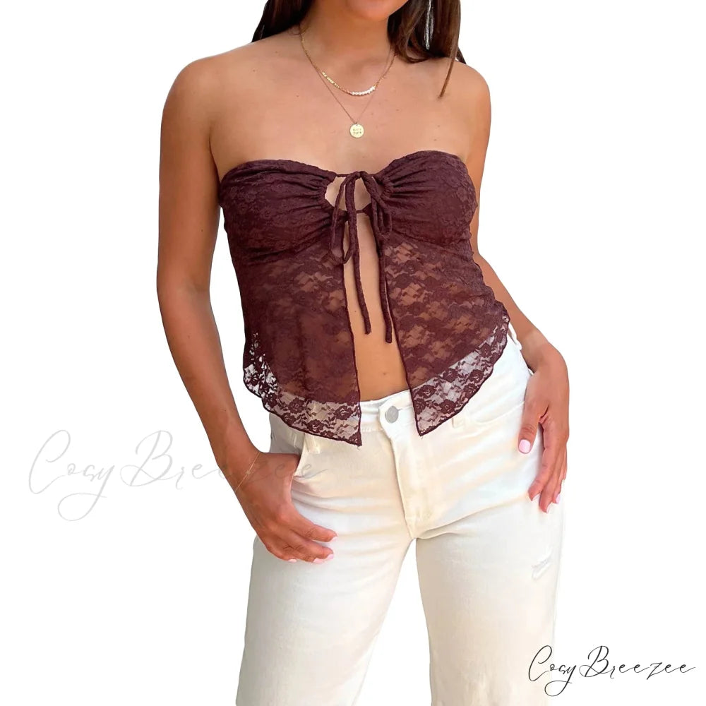 Lace Off-Shoulder Sleeveless Backless See-Through Stylish Elegant Chic Crop Top Black / S