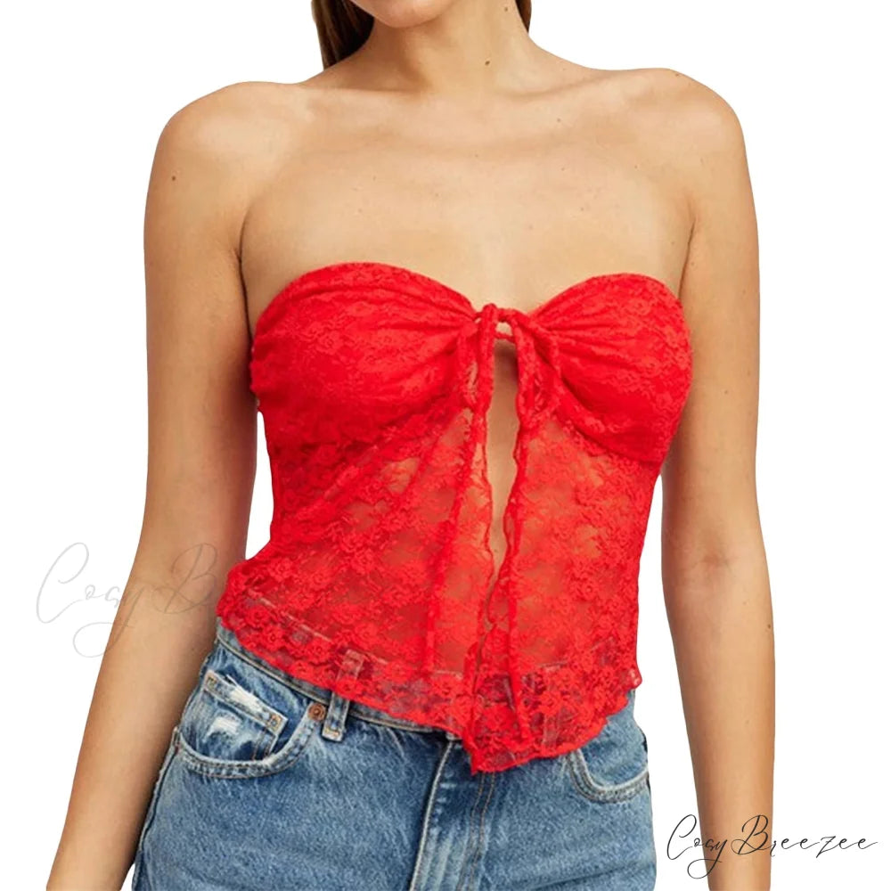 Lace Off-Shoulder Sleeveless Backless See-Through Stylish Elegant Chic Crop Top Red / S