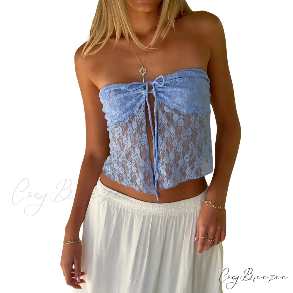 Lace Off-Shoulder Sleeveless Backless See-Through Stylish Elegant Chic Crop Top SKY BLUE / S