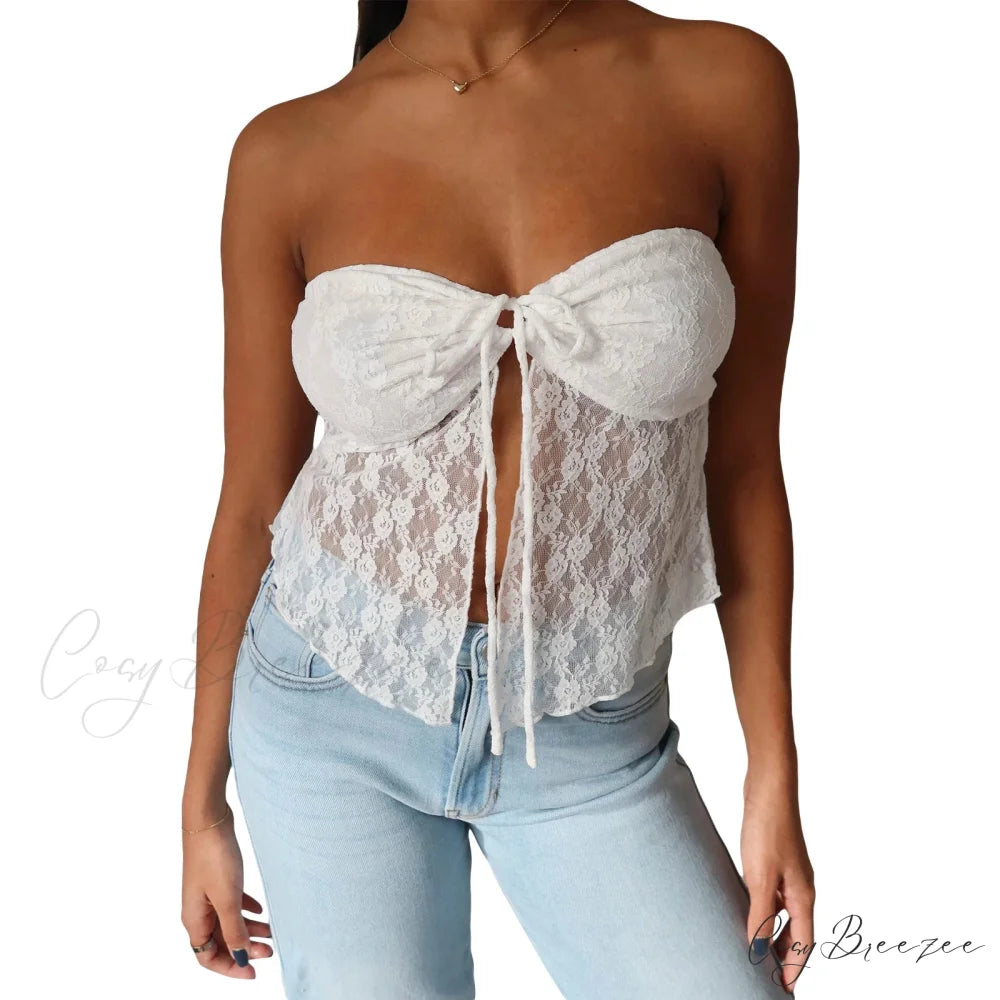 Lace Off-Shoulder Sleeveless Backless See-Through Stylish Elegant Chic Crop Top WHITE / S