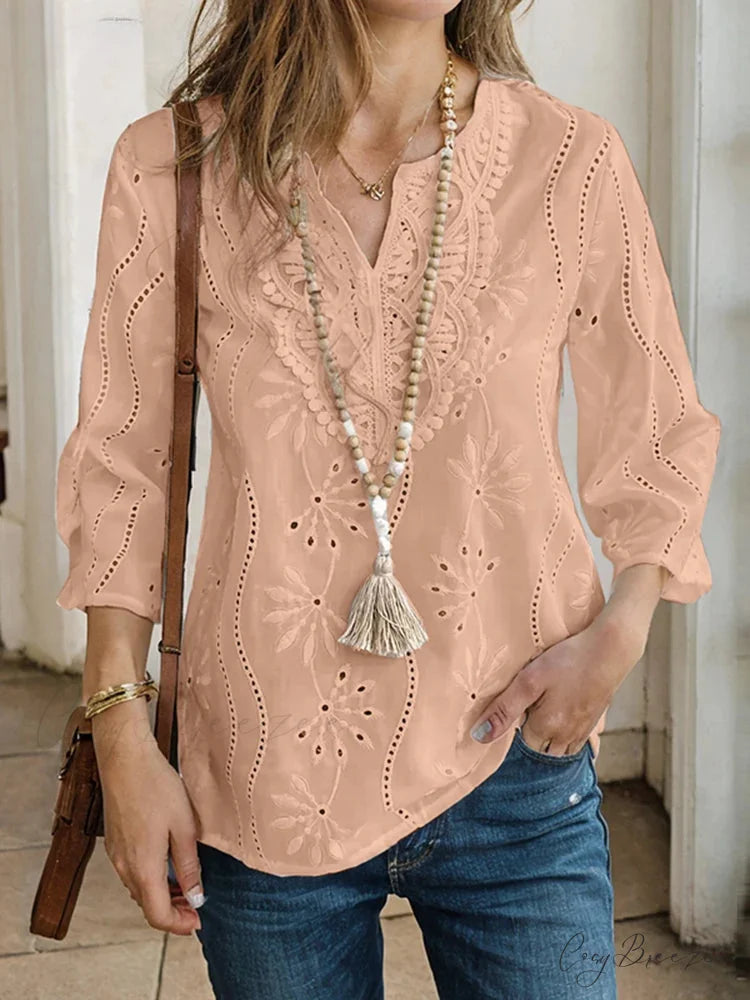 Lace Panel V-neck Cut-out Embroidered Blouse Pink / S blouse-250126