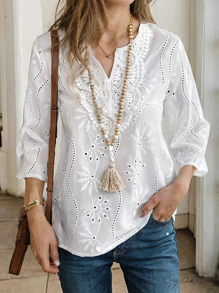 Lace Panel V-neck Cut-out Embroidered Blouse WHITE / S blouse-250126