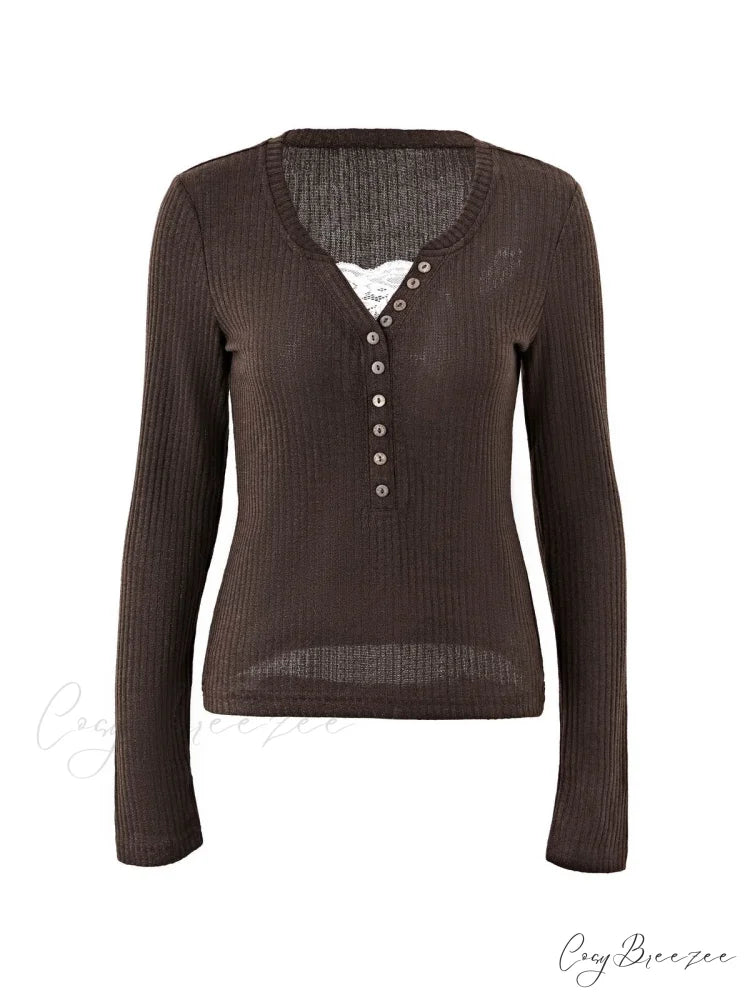 Lace Paneled Graceful Brown Tank Top