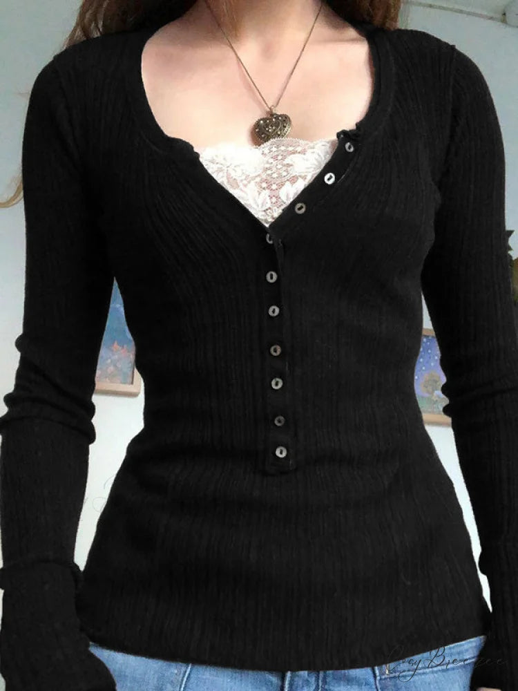 Lace Paneled Graceful Brown Tank Top Black / S