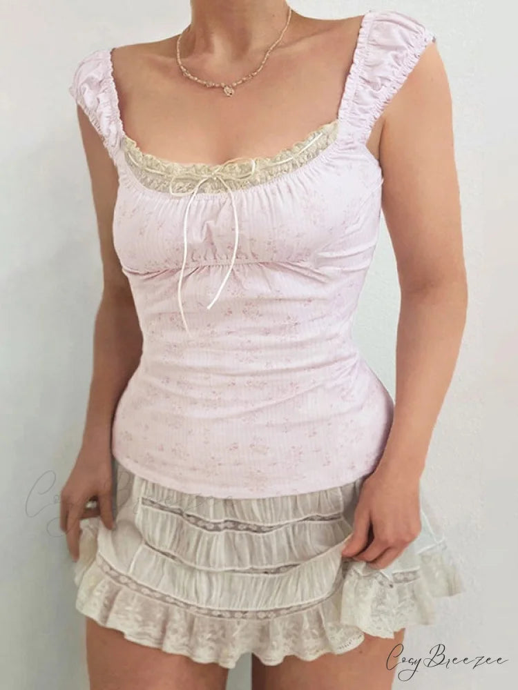 Lace Paneled Graceful Denim Corset Top Pink / S