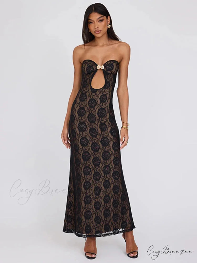 Lace Party Strapless Bodycon Long Dress floraldress-250126
