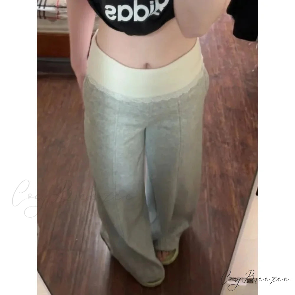 Lace Patchwork Basic Flare Women Pants Grey / S pants-241228