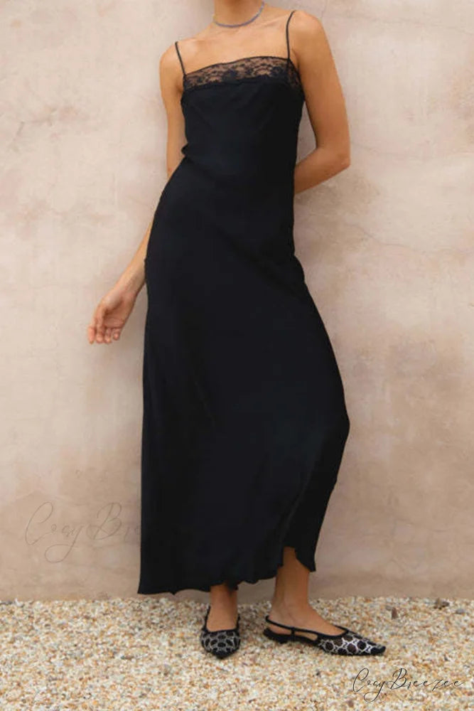 Lace Patchwork Cami Dress in Black Black / L