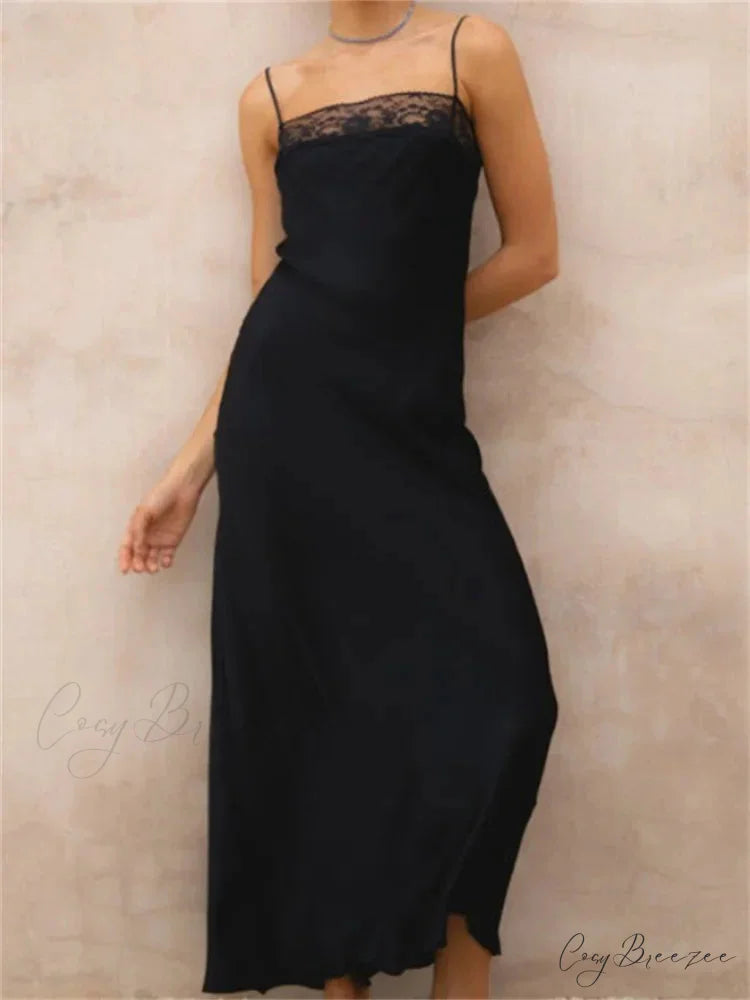 Lace Patchwork for Women Square Neck Sleeveless Strap Black Summer Party Female Vestidos Clubwear Black / S