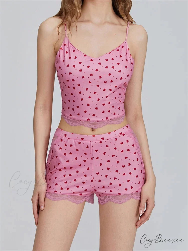 Lace Patchwork Heart Print Camis Top with Casual Shorts Pajama Set twopiecesset-250126