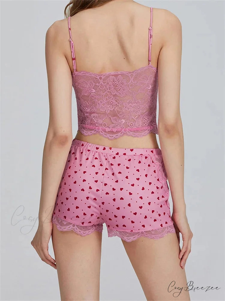Lace Patchwork Heart Print Camis Top with Casual Shorts Pajama Set twopiecesset-250126