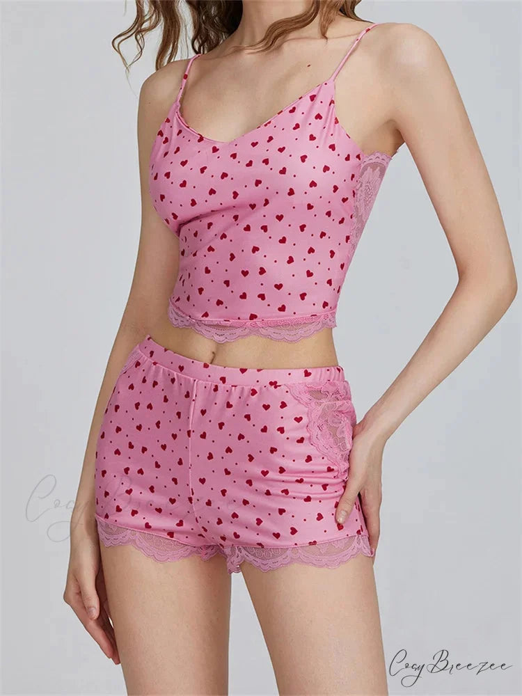 Lace Patchwork Heart Print Camis Top with Casual Shorts Pajama Set twopiecesset-250126
