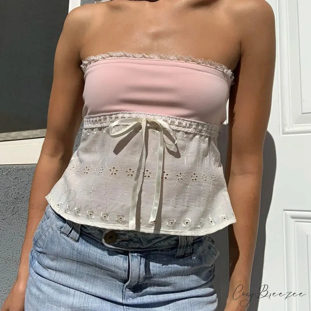 Lace Patchwork Hollow Crop Top pink / S croptop-250223