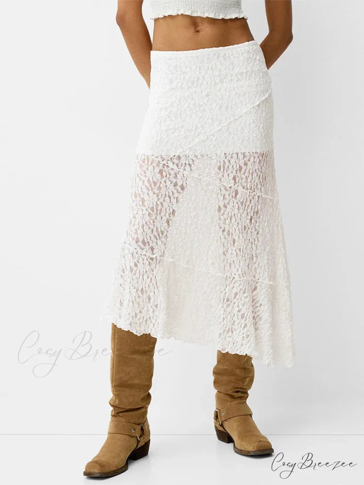 Lace Patchwork Low Waist Summer Long Skirt Casual Skirt WHITE / S skirt-250126