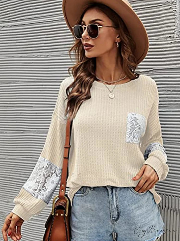 Lace Patchwork Pink Trendy Knit Crop Top Apricot / L