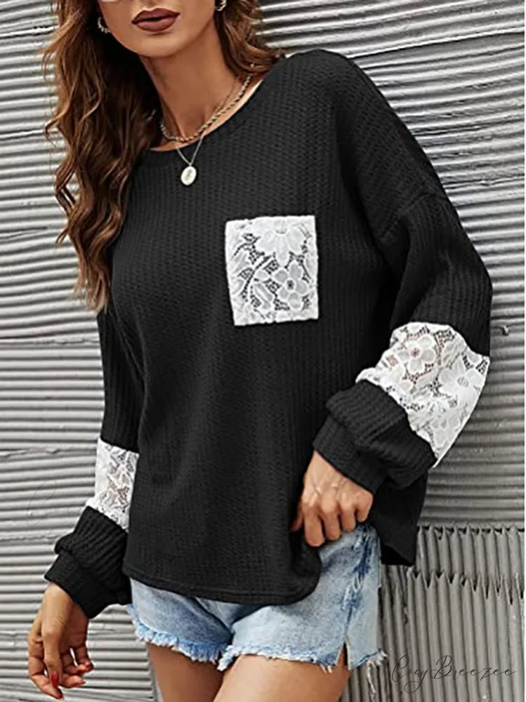 Lace Patchwork Pink Trendy Knit Crop Top Black / L