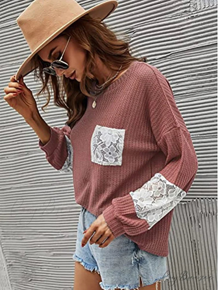 Lace Patchwork Pink Trendy Knit Crop Top Red / L