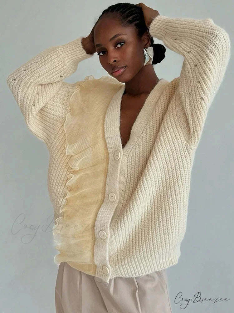 Lace Patchwork V-neck Ribbed Cardigan cardigans-241228