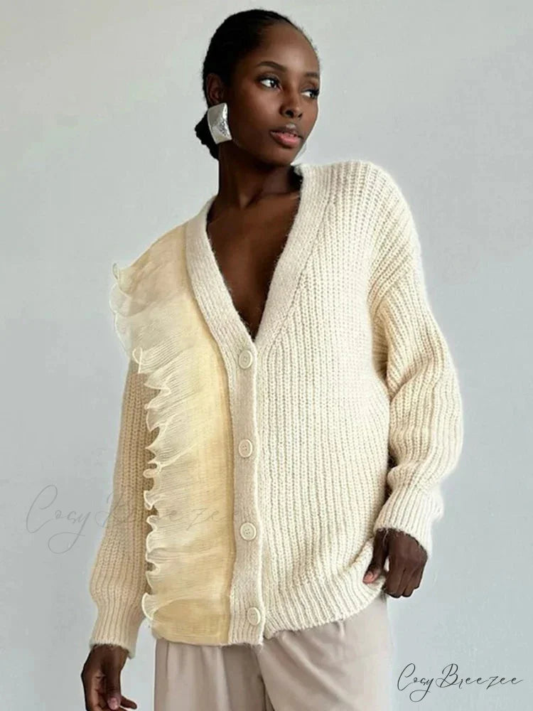 Lace Patchwork V-neck Ribbed Cardigan cardigans-241228