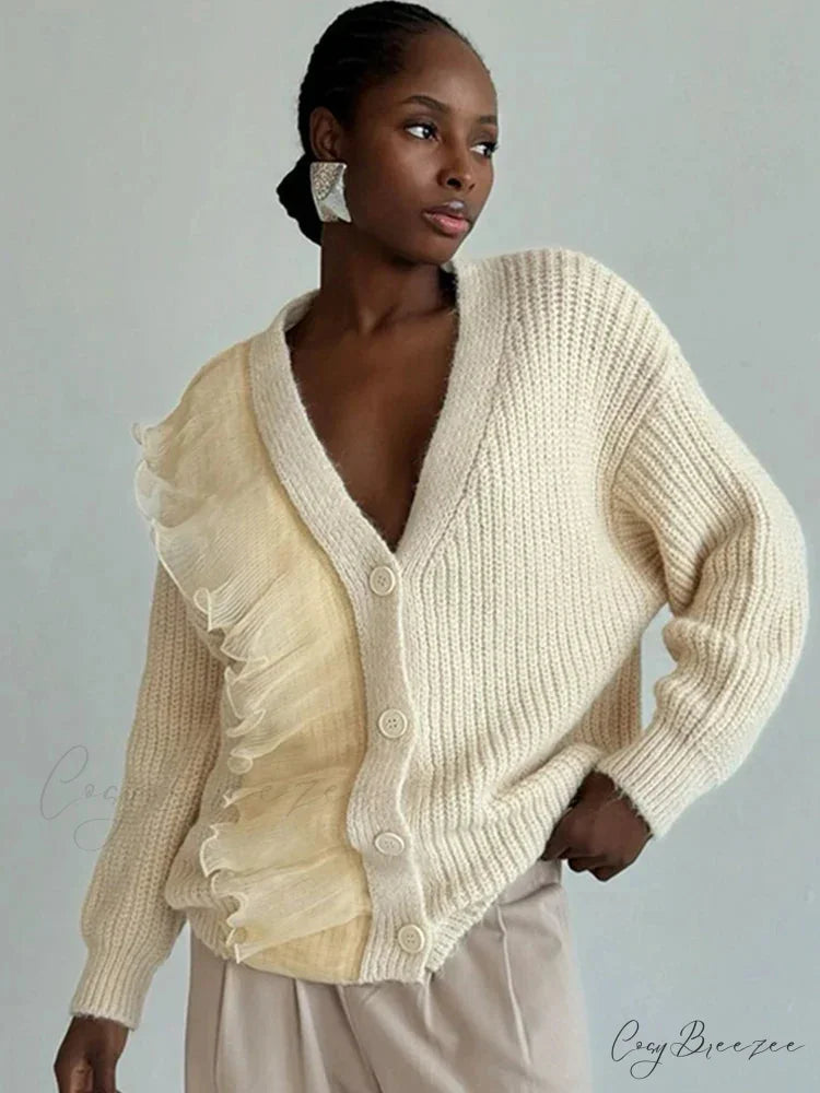 Lace Patchwork V-neck Ribbed Cardigan cardigans-241228