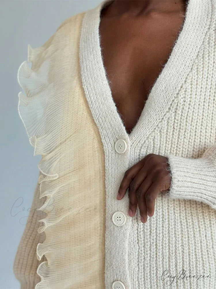 Lace Patchwork V-neck Ribbed Cardigan cardigans-241228