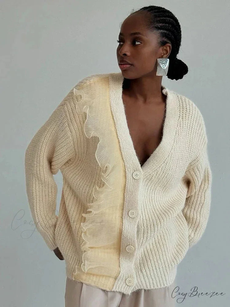 Lace Patchwork V-neck Ribbed Cardigan cardigans-241228