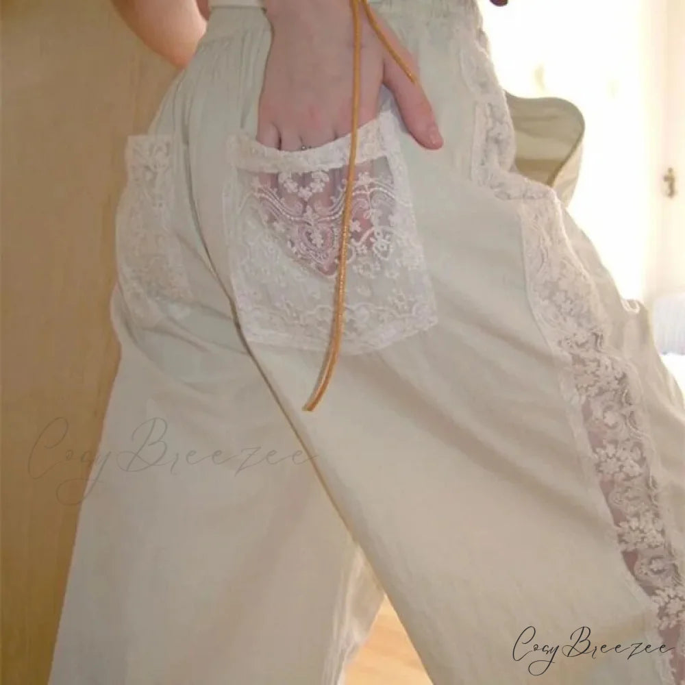 Lace Patchwork White Wide Leg Pants pants-241228
