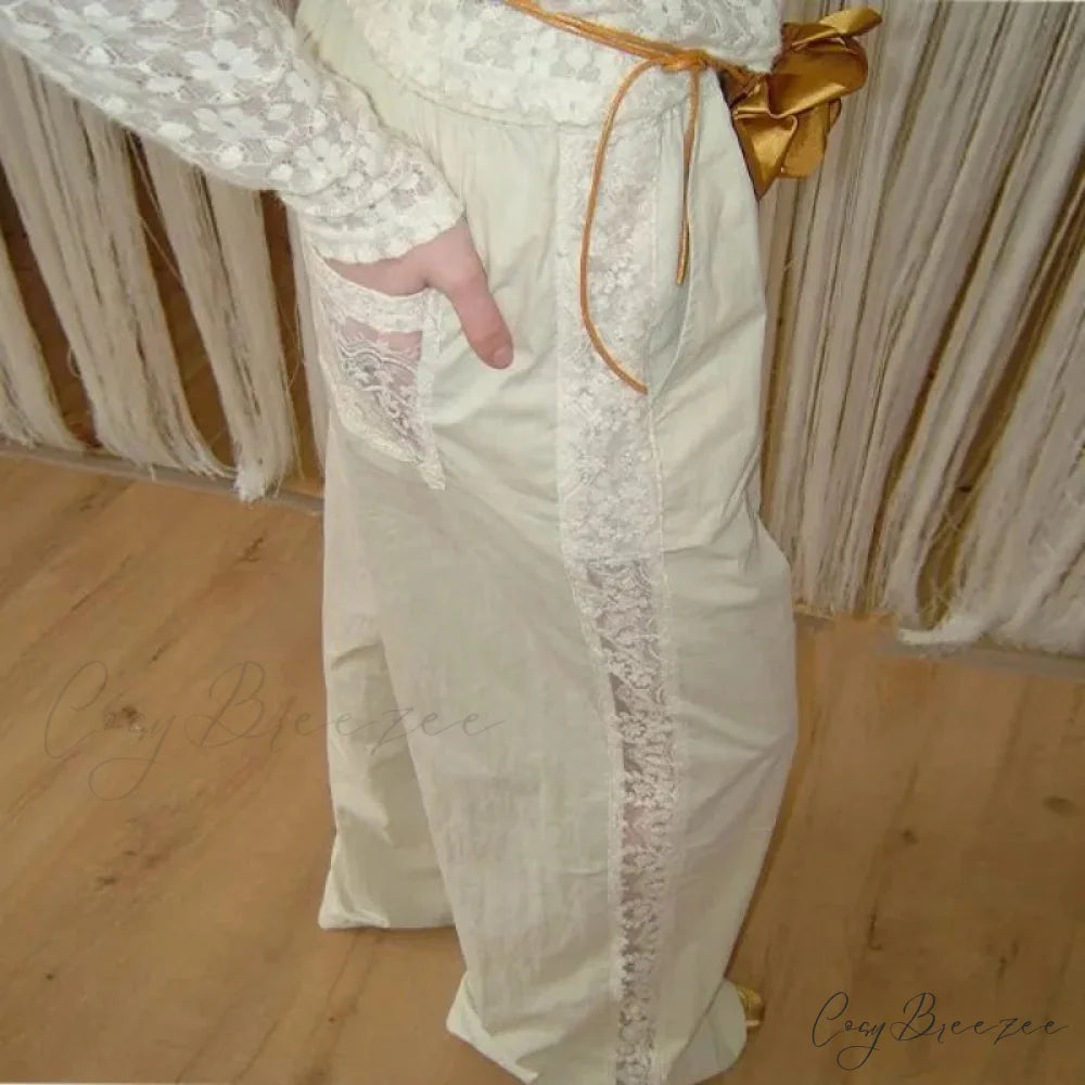 Lace Patchwork White Wide Leg Pants pants-241228