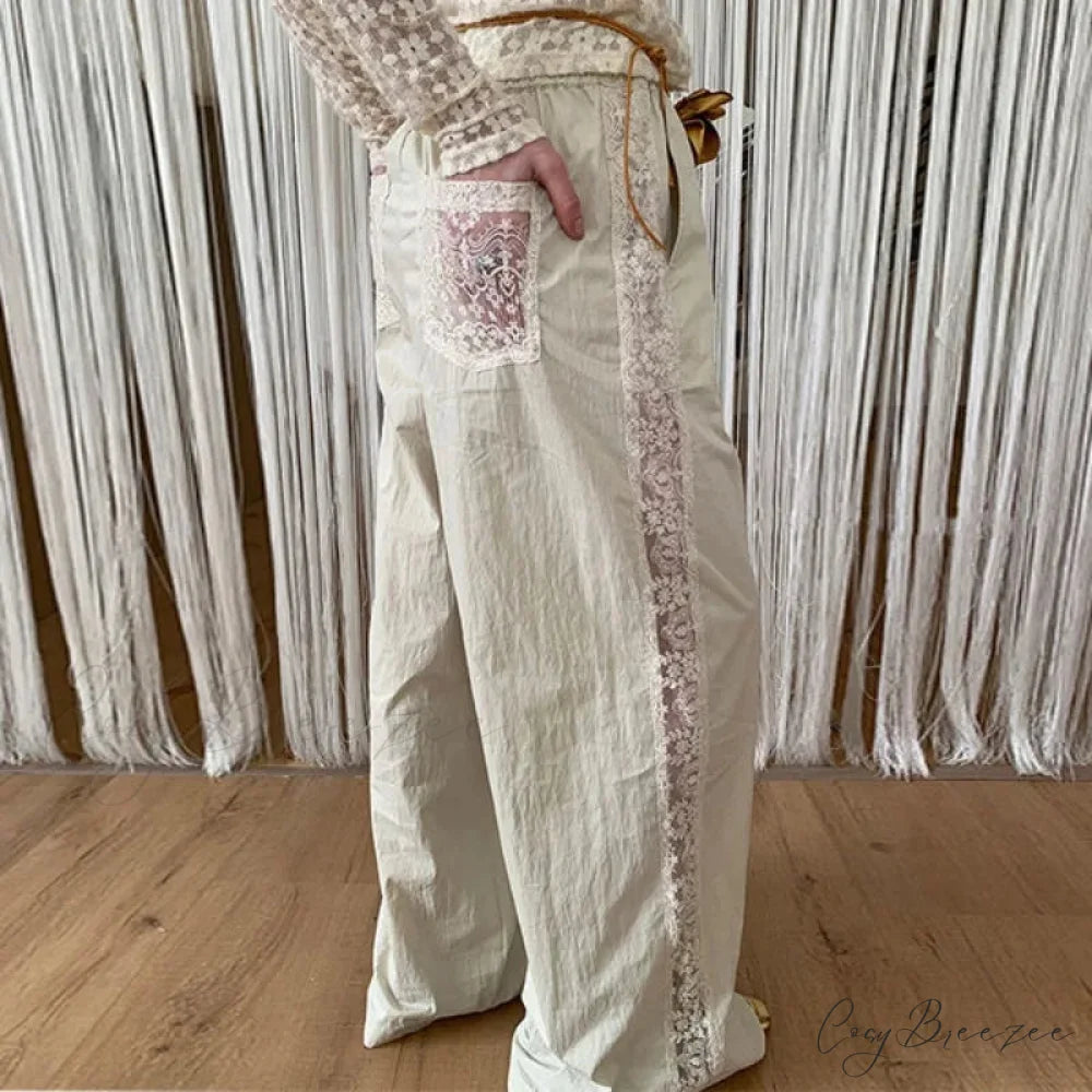 Lace Patchwork White Wide Leg Pants pants-241228