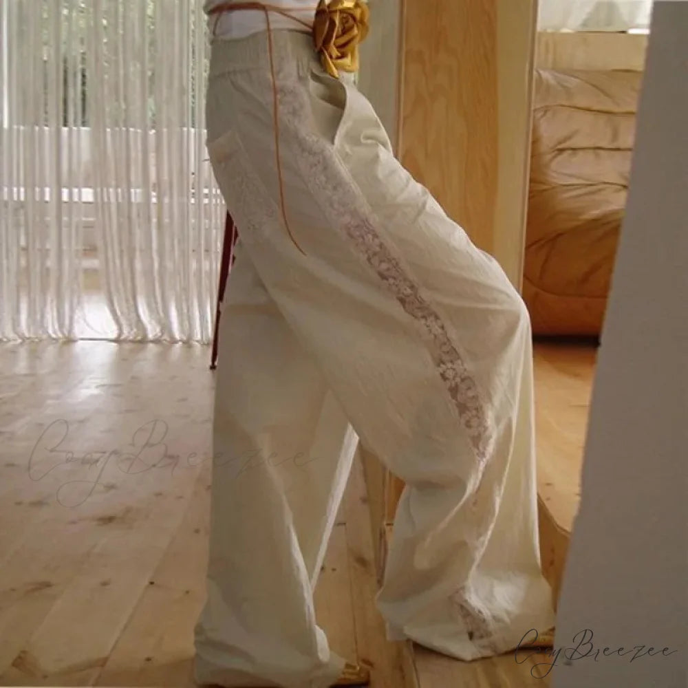 Lace Patchwork White Wide Leg Pants pants-241228