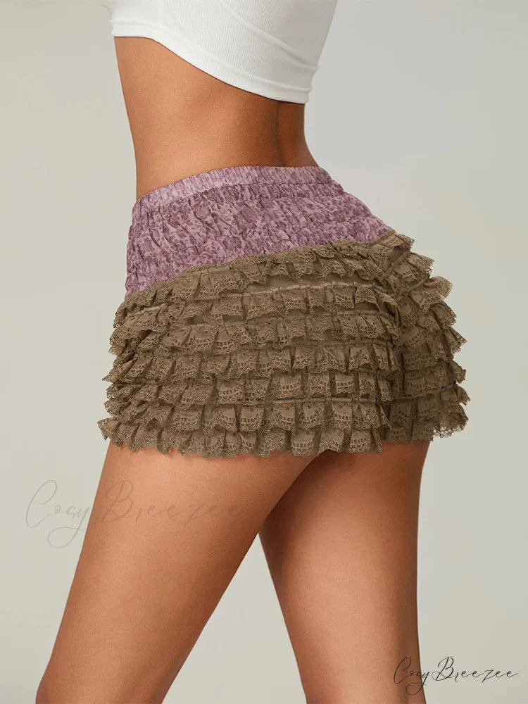 Lace Ruffled Tiered Patchwork Shorts short-250223