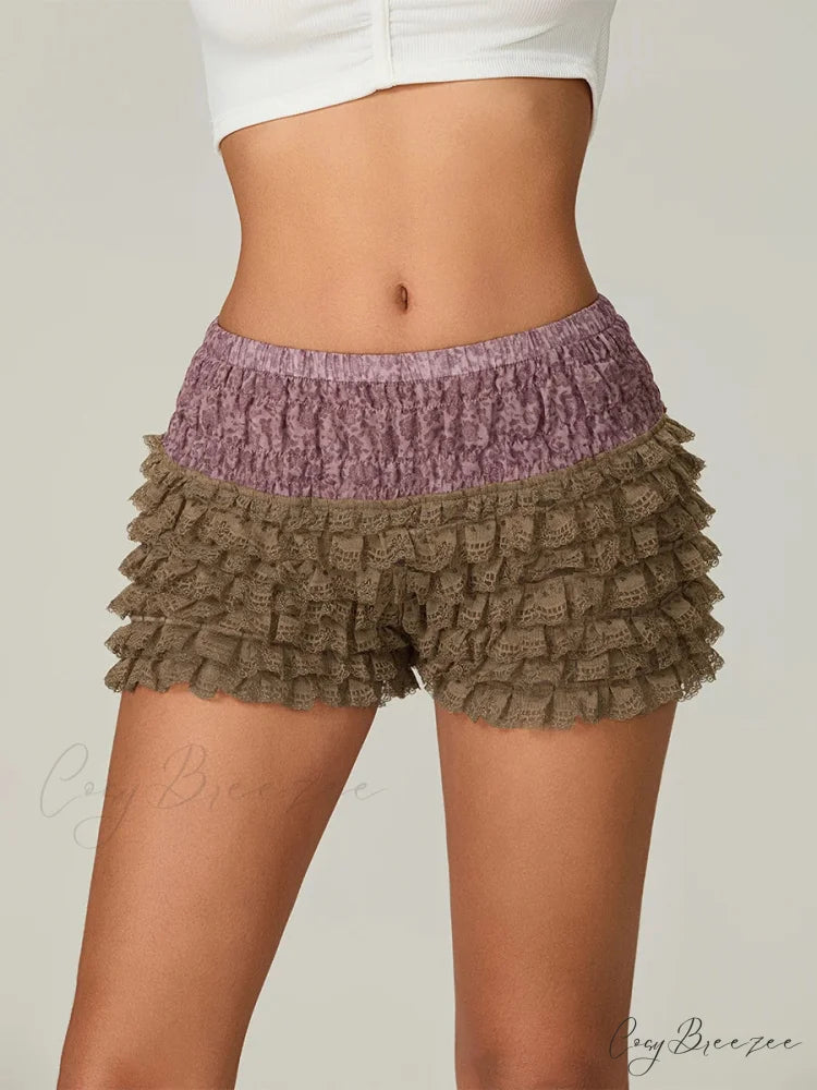 Lace Ruffled Tiered Patchwork Shorts short-250223