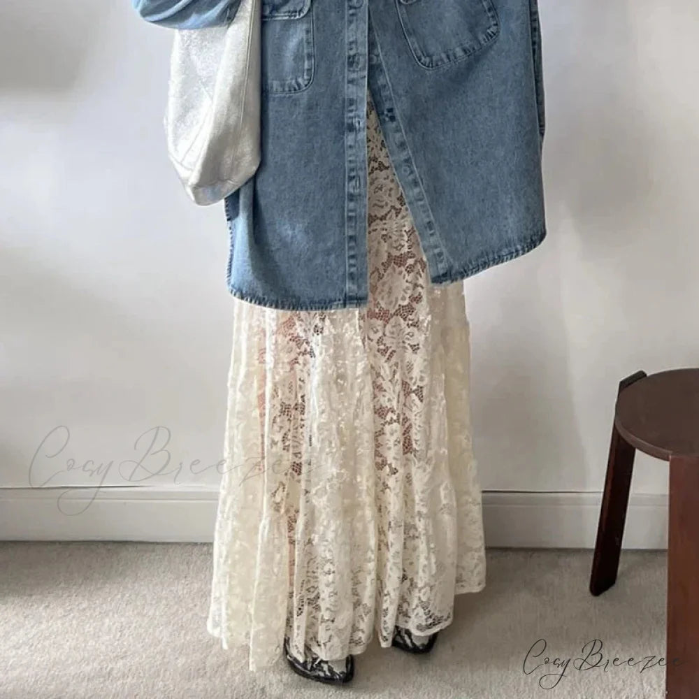 Lace Sheer A-Line Vintage Floral Sheer Skirt skirt-250126