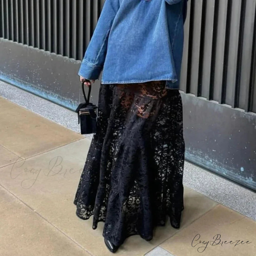 Lace Sheer A-Line Vintage Floral Sheer Skirt Black / S skirt-250126