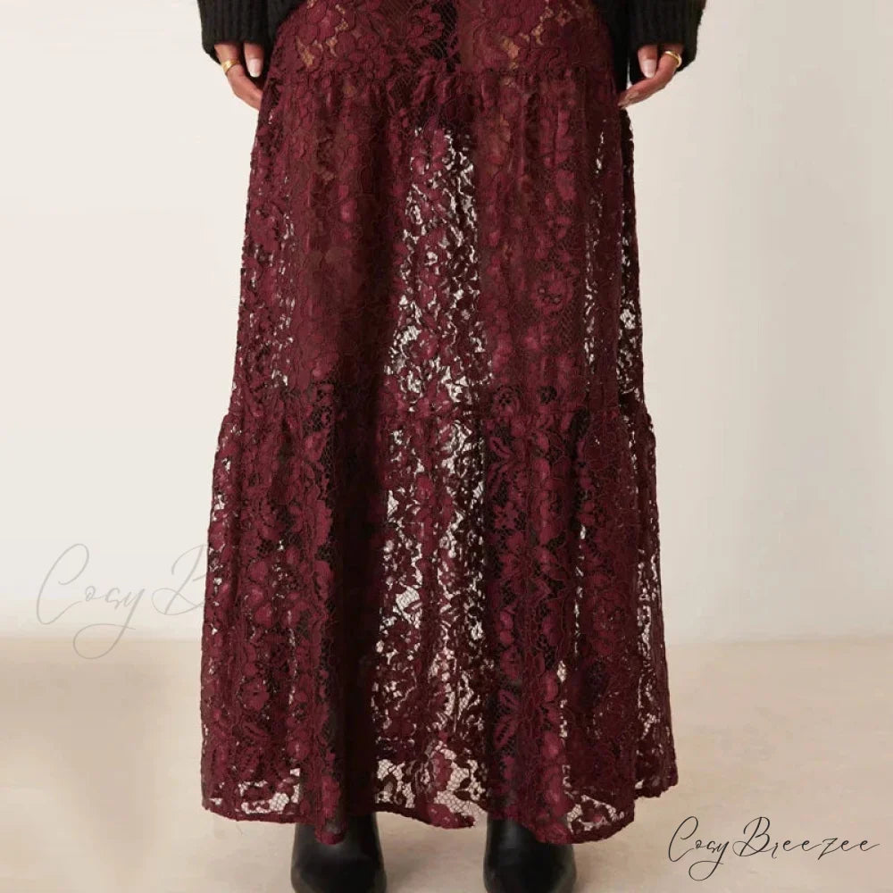 Lace Sheer A-Line Vintage Floral Sheer Skirt Claret / S skirt-250126