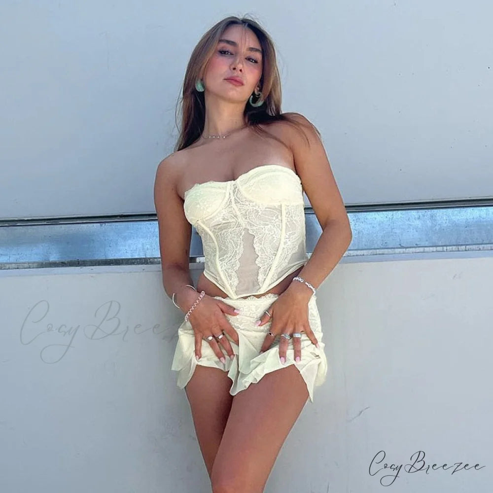 Lace Sheer Corset Charming And Mini Skirt Set