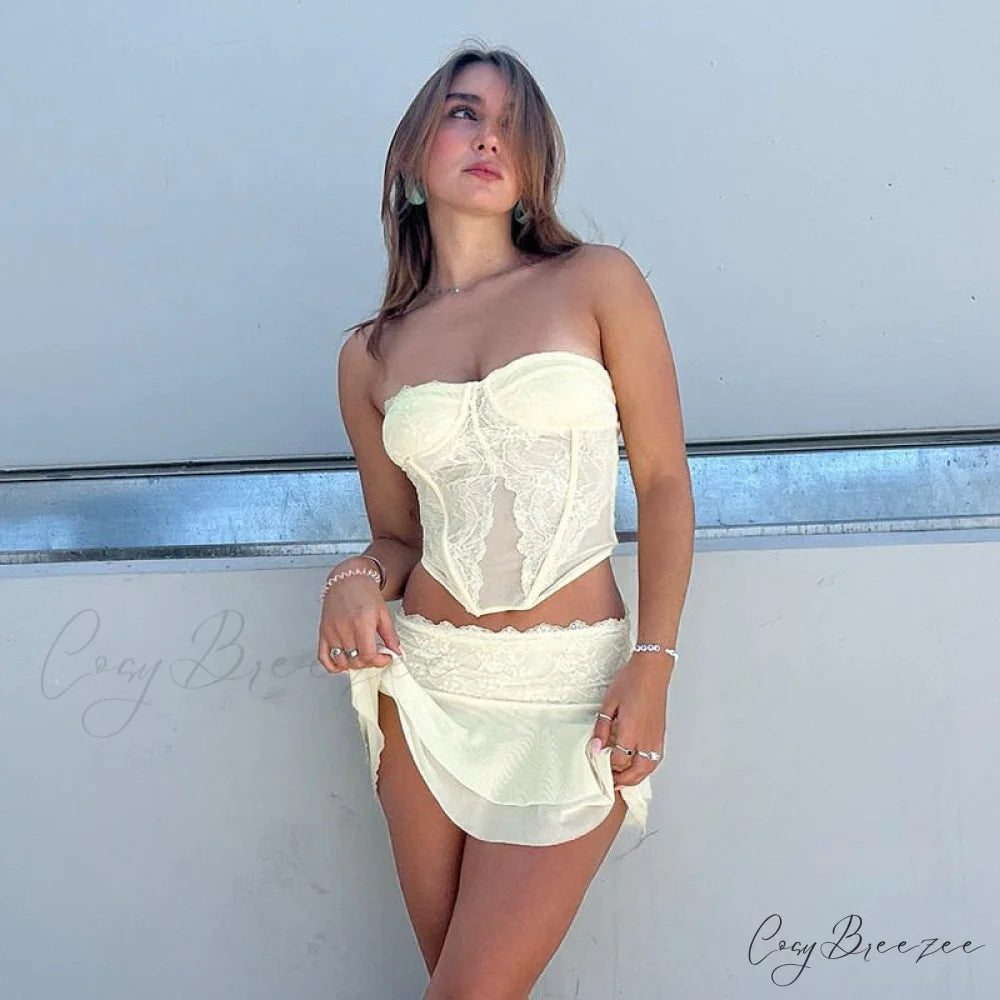 Lace Sheer Corset Charming And Mini Skirt Set