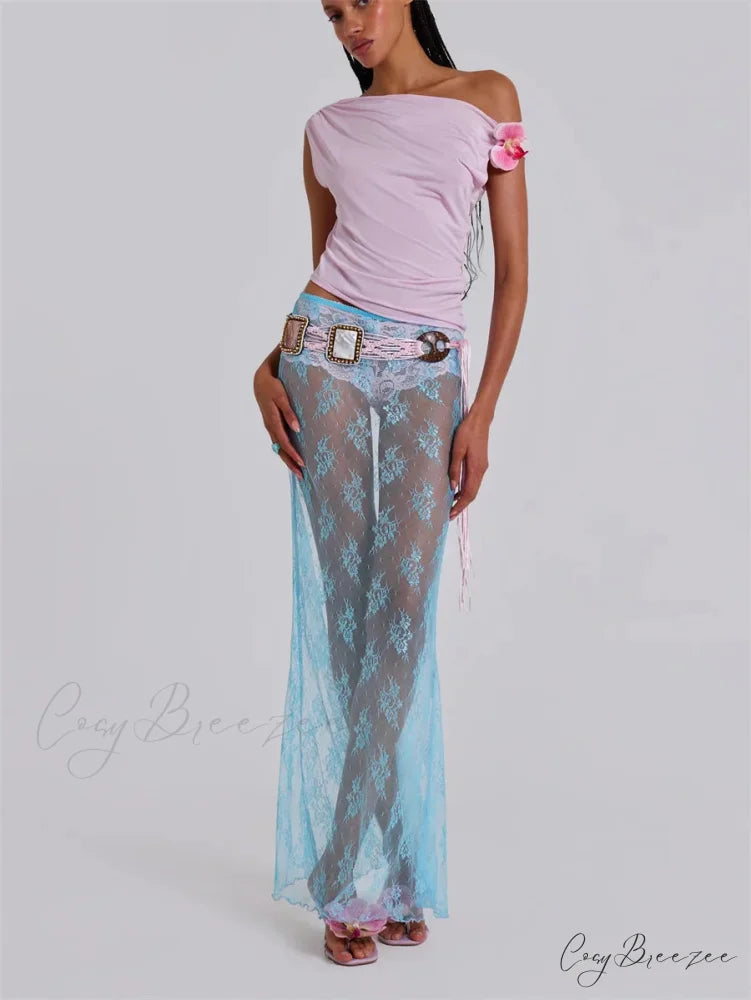 Lace Sheer Maxi Split Alluring Sheer Cover Up Beach Skirt skirt-250126