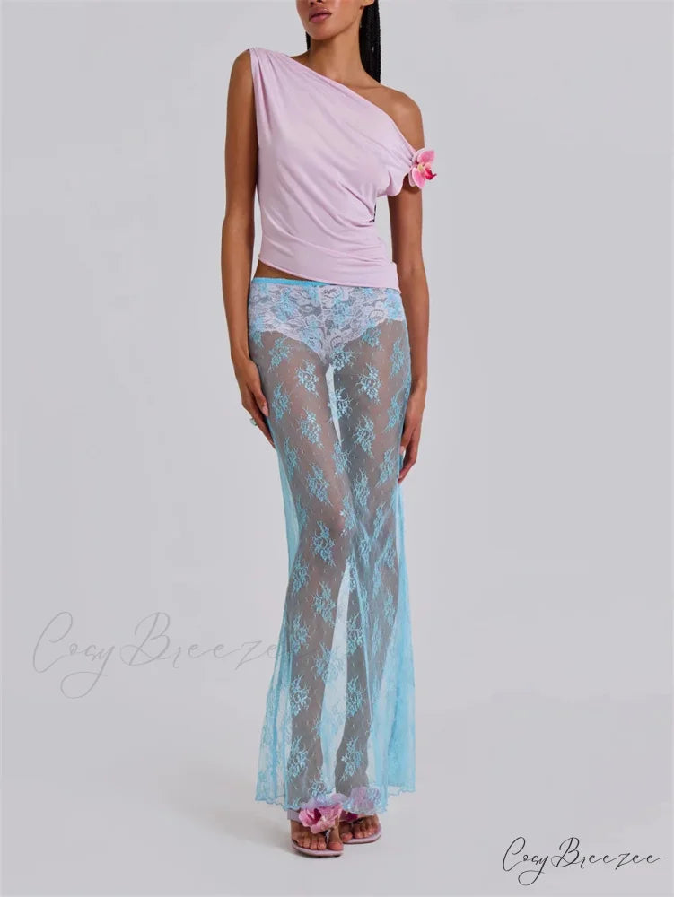 Lace Sheer Maxi Split Alluring Sheer Cover Up Beach Skirt skirt-250126