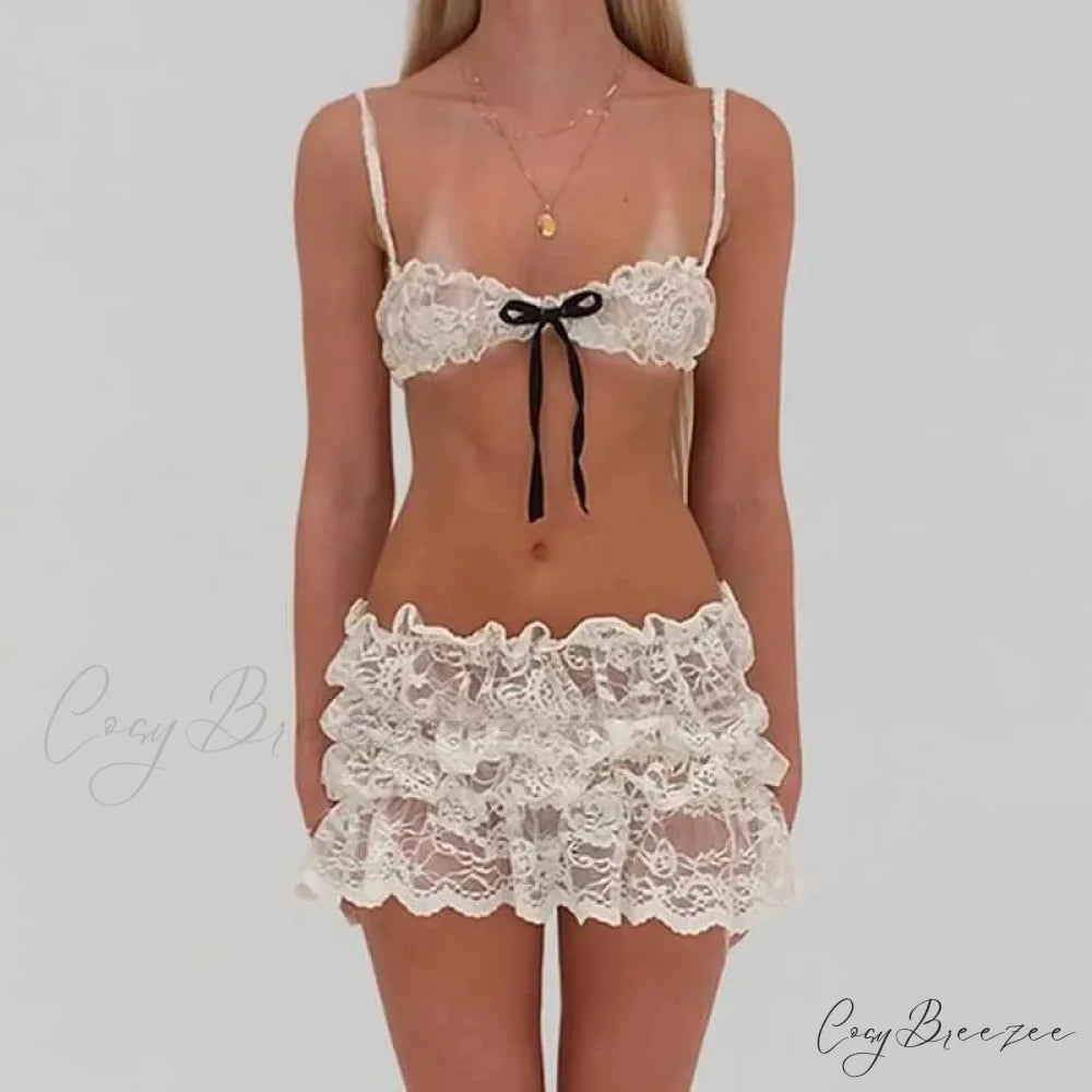 Lace Sheer Spaghetti Strap Camis Mini Skirt Two Pieces Set twopiecesset-250126
