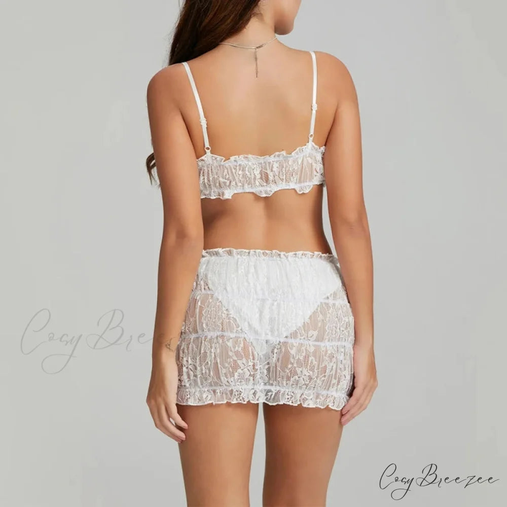 Lace Sheer Spaghetti Strap Camis Mini Skirt Two Pieces Set twopiecesset-250126