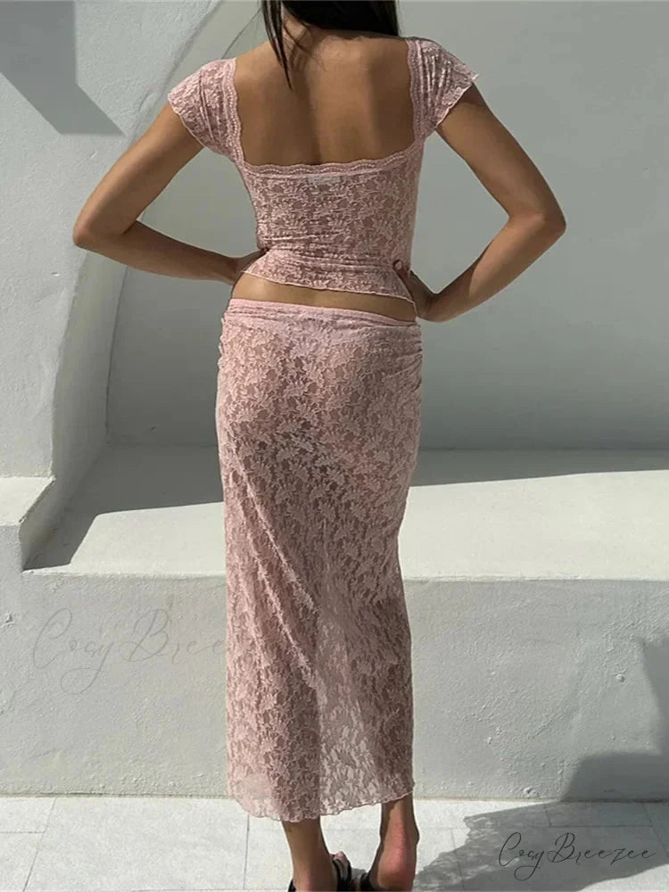 Lace Short Sleeve V-neck T-shirt and Long Skirt Set skirt-250126